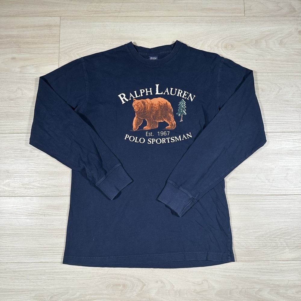 Polo Ralph Lauren Womens Navy Blue Long Sleeve Polo Bear Graphic T-Shirt Size L